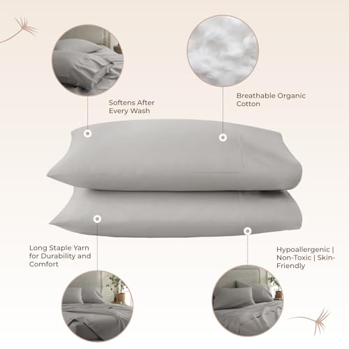Image of 100% Organic Cotton Pillow Cases Standard Size Set of 2-100% Cotton Pillowcases GOTS Certified 300 Thread Count -Naturally Cooling Comfortable Breathable & Soft Pillow Cases (Classic Grey, Standard)