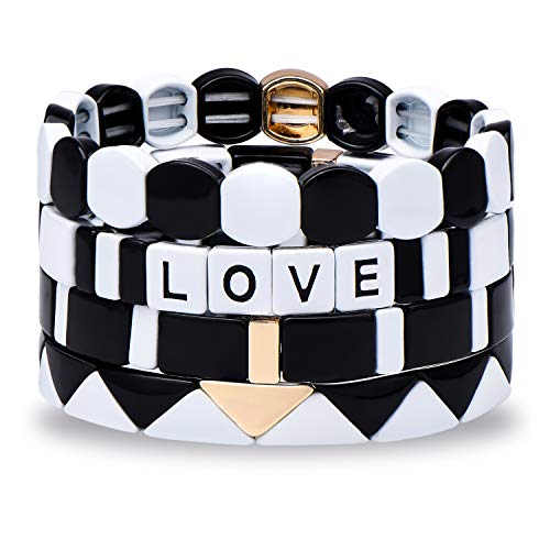Hicarer 4 Pieces Enamel Tile Bracelets Black White Beaded Bangle Bracelets Stretch Color Block Bracelet