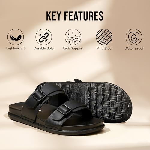 Image of BRUTON Men's STRIVO-1141 Wedge Sandals | Adjustable Buckle Toe Ring Comfort Sandals | Lightweight Cushioned Footbed | Anti-Slip Casual Outdoor & Daily Wear Footwear | Black