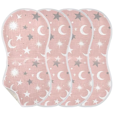 Muslin Baby Burp Cloths Set of 4, Soft Absorbent Starts and Moon Cotton Burping Cloth, Milk Spit Up Rags for Newborn Unisex, 22 x 11 Inch