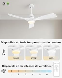 Forrovenco Ventilateur de plafond blanc silencieux avec lumière et télécommande, 132 cm, 3 températures de couleur, minuterie, moteur DC réversible, 3 pales, 3 tiges, terrasse et extérieur