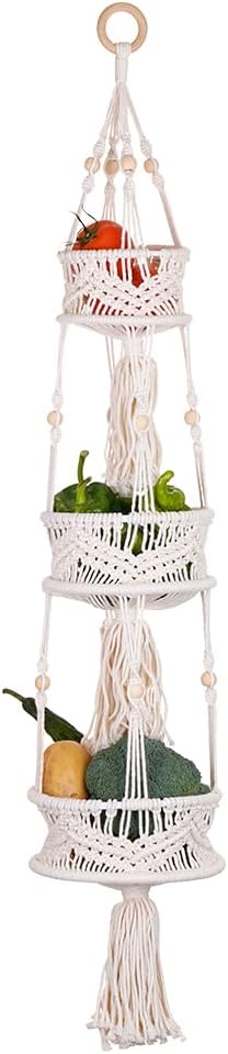 Hanging Baskets for Fruit and Vegetable Storage 3-Tier, Boho Wall Hammock for Produce Organizing, Macrame Bohemian Decor for Kitchen, Bedroom, Indoor Plants (B-Metal Rings-3 tier)