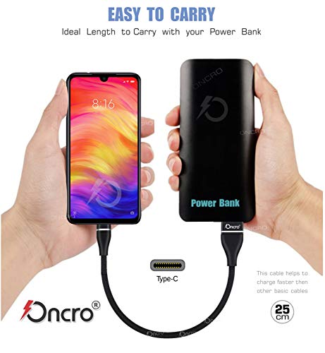 Image of Black Strong Data Cable Fast Charging, Short mini Small 25 cm Nylon Braided Power Bank Cable for Type c oneplus 6, 7, 8, Galaxy s 9 + Note 8, 2.4A max