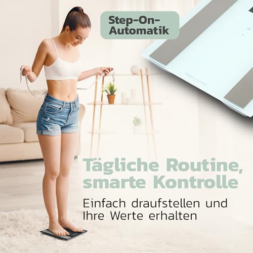 ProfiCare 8in1 Glas-Analyse-Waage, Personenwaage mit Körperfettanalyse, digital mit Step-On-Automatik, mit hochwertiger Wiegefläche… – Ansicht 4