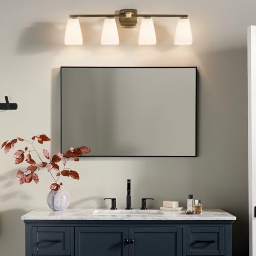 Image of Kichler Marant 4-Light Bathroom Vanity Light Fixture with Opal Glass, 33.25 inch Modern Wall Mount Lighting Over Mirror in Champagne Bronze for Powder Room (33.25 inch W x 9.5 inch H), 55217CPZ