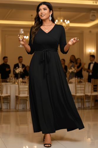 Image of Runwind Plus Size Dress for Women - 3 /4 Sleeve V Neck Maxi Dresses for Women (XL-6XL)