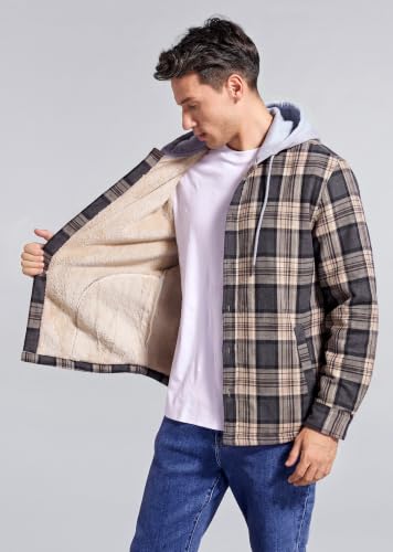 Image of Men's Cotton Plaid Shirt Jacket Fleece Flannel Sherpa Button Down