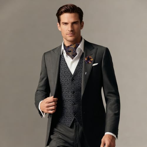 Image of DiBanGu Mens Silk Ascot Ties Paisley Jacquard Woven Cravat and Pocket Square Cufflinks with Lapel Pin for Business Wedding