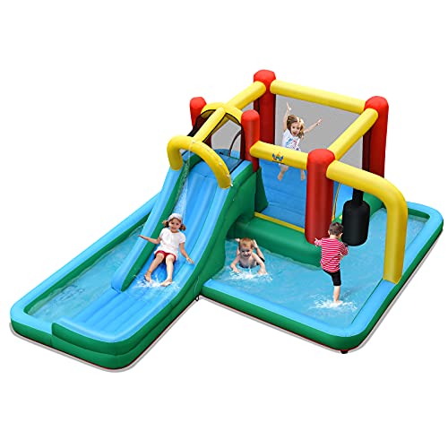 BOUNTECH Inflatable Water Slide, 6-in-1 Kids Jumping Bouncer w/ Climbing Wall, Plash Pool, Slide, Tunnel, Pendulum for Indoor Outdoor, Including Carry Bag, Stakes, Repair Kit, Hose (Without Blower)