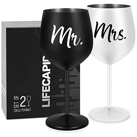 Lifecapido Mr and Mrs Stainless Steel Wine Glasses - Wedding Gifts, Valentine's Day Gift, Newlyweds Gifts, Bridal Shower Gifts, Engagement Gifts for Couples, Bride and Groom, Newlyweds, Mr Mrs (18oz) Cover