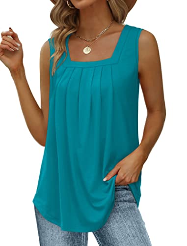 Image of Saloogoe Summer Tank Tops for Women Loose Fit Pleated Square Neck Sleeveless Tops Curved Hem Flowy
