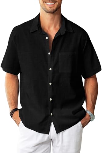 KYKU Cotton Linen Button Down Shirt Men Short Sleeve Beach Summer Vacation Black Top Mens Casual Shirts with Pocket XL