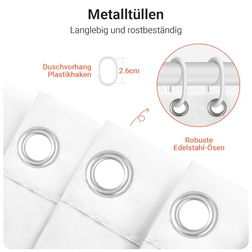 Lerores Shower Curtain, 200 x 240 cm, Pure White, Weighted Hem, Anti-Mould Textile, Water-Repellent, Washable Polyester Fabric Bath Curtains for Bathroom, Bathtub with 12 Shower Curtain Rings - Image 3