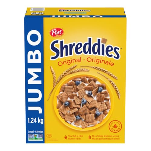 Post - Post Shreddies Original Breakfast Cereal, Made with Whole Grains, Very High in Fibre, Non-GMO Project Verified, Jumbo Size 1.24 kg