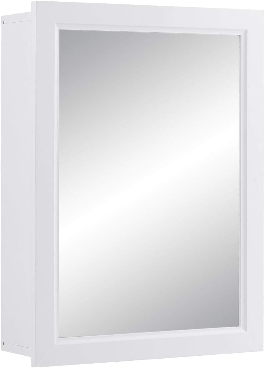 GOFLAME Bathroom Medicine Cabinet, Wall Mount Mirrored Storage Cabinets w/Single Door & Adjustable Shelf, Multipurpose Wooden Organizer for Hallway Living Room Bedroom, White