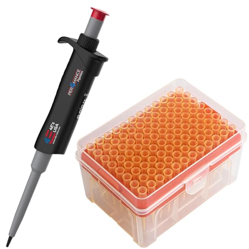 PER4MANCE Pipette with 200µL Tips 96 Pieces Racked Pipette Tip, 2-20µL ISO Calibrated Adjustable Single Channel Pipettes