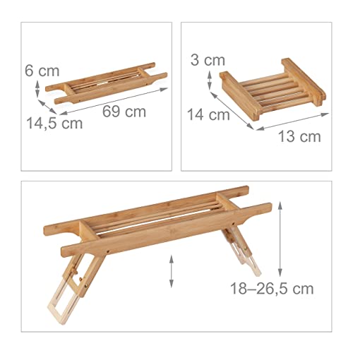 Relaxdays Badewannenablage Bambus, 69 cm breit, ausklappbare Füße, Badewannenbrett mit Seifenablage, Wannenablage, Natur