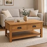 Home Furniture Group Ltd Oakcroft Coffee Table – Rustic 2 Drawer Solid Wood Living Room Table with Shelf – Fully Assembled