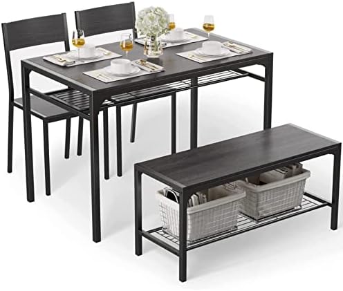 Gizoon Kitchen Table and 2 Chairs for 4 with Bench, 4 Piece Dining Table Set for Small Space, Apartment, Black