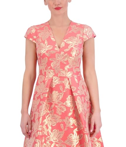 Image of Vince Camuto Jacquard Notch Placket Cap Sleeve Fit-and-Flare