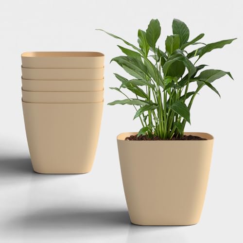 YUCCABE ITALIA Shera Stoic Plastic Flower Pot Premium Imported Plastic Planter for Indoor & Outdoor Plants Decorative Garden & Home Planter (Beige, 14 INCH - 6 Pcs)