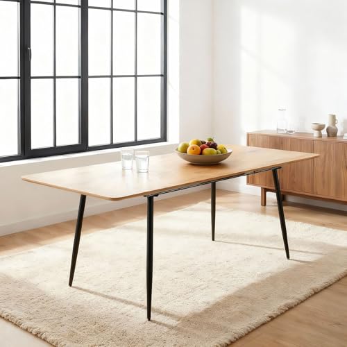 Esstisch ORSA ausziehbar 160-200 x 80 cm, Eiche Finish - Esszimmertisch rechteckig, Küchentisch mit Butterfly-Einlegeplatte, moderner Esstisch für Essbereich, Metallgestell schwarz pulverbeschichtet
