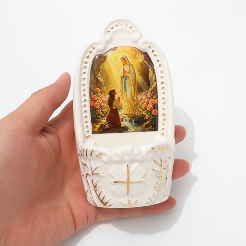 Image of KOMI Porcelain Our Lady of Lourdes Catholic Holy Water Font for Entrance of Home Church Wall Hanging Decor Religious Gift Blessed Mother Mary Holy Water Holder