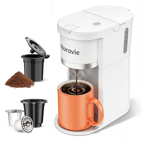 Horavie Small Single Serve Coffee Maker, Fast Brew One Cup Coffee Machine for K Cup and Grounds, 6 to 12 oz. Brew Sizes, Capsule Coffee Machine with Descaling Reminder and Viewing Tank, White