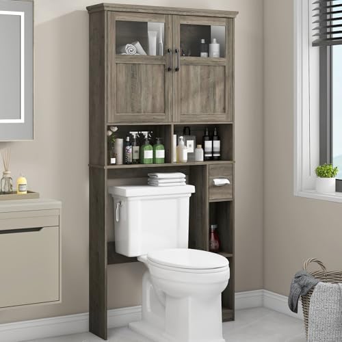 Vabches Over-The-Toilet Storage Cabinet with Double Doors, Toilet Paper Holder Stand & Adjustable...