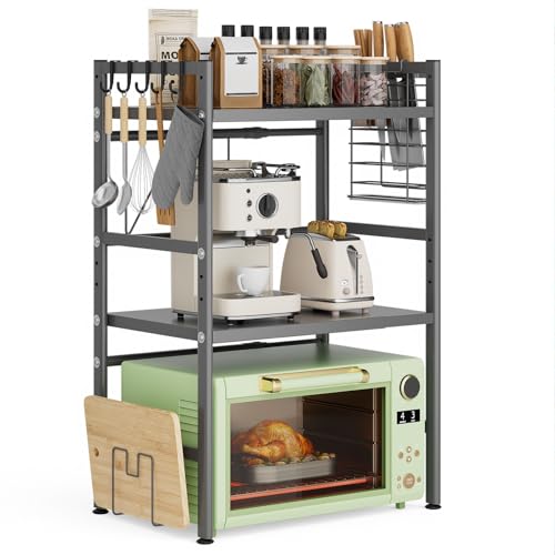 Warmiehomy 3-Tier Expandable Microwave Shelf Stand, Adjustable Width from 39-62 cm, Metal Unit with Chopping Board & Cutlery Holder, 5 Hooks, Black