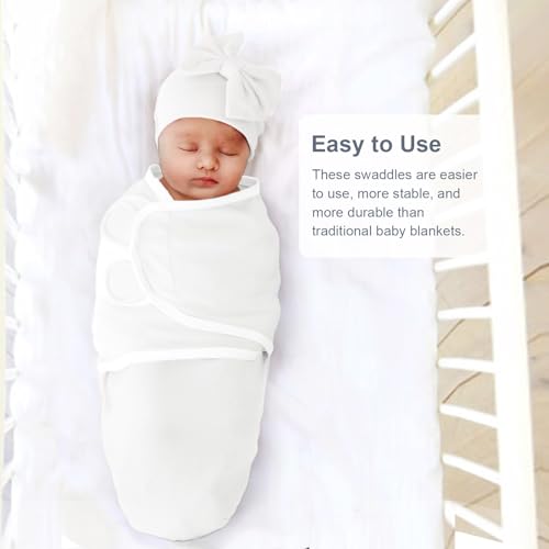 Image of DRESHOW BQUBO 3 Pack Newborn Baby Swaddle Blanket with Hats Infant Adjustable Velcro Swaddling Wraps with Bear Ears Cap for 6-12 Lbs Newborns & 0-3 Months Girls Boys