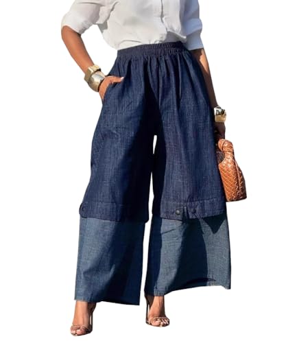 Women's Vintage Elastic Waist Wide Leg Jeans 90S Color Blocking Patchwork Barrel Denim Jeans