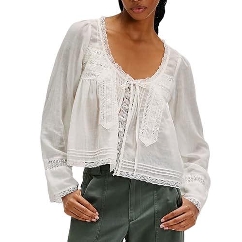 Women Y2k Long Sleeve Shirts Ruffles Lace Trim Sheer Mesh See Through Round Neck Going Out Tank Tops Blouses