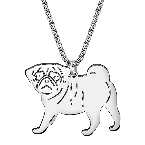 LONYOO Stainless Steel Cute Dog Pendant Necklace Pet Jewelry 18K Gold Plated Necklaces for Women Dog Lover Gifts (Silver Pug Dog Necklace)