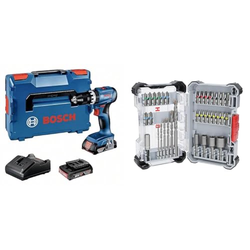 Bosch Professional 18V System Akku Schlagbohrschrauber GSB 18V-45 (inkl. 2x 2.0Ah Akku, GAL 18V-20, L-BOXX) + 35x Extra Hard Schrauberbit‑ und CYL-3 Bohrer-Set, 35‑tlg. (197 x 110,5 mm, Zubehör)