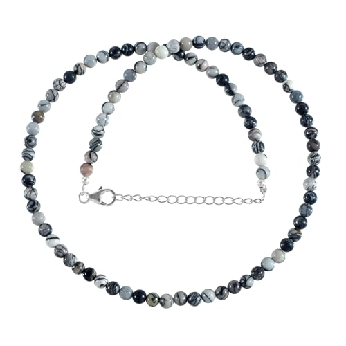 Vatslacreations 4mm Round Natural Pikashow Jasper Beaded Necklace for Women with 925 Sterling Silver, 2-Inch Extension Chain, Adjustable Trendy Pearl Necklace