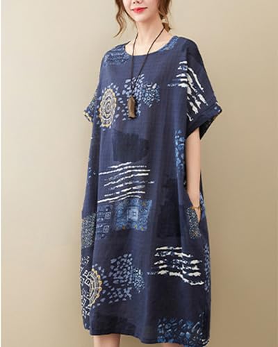 Image of LUZU JUNU Women's Summer Baggy Plus Size Loose Cotton Linen Long Boho Beach Dress with Pockets