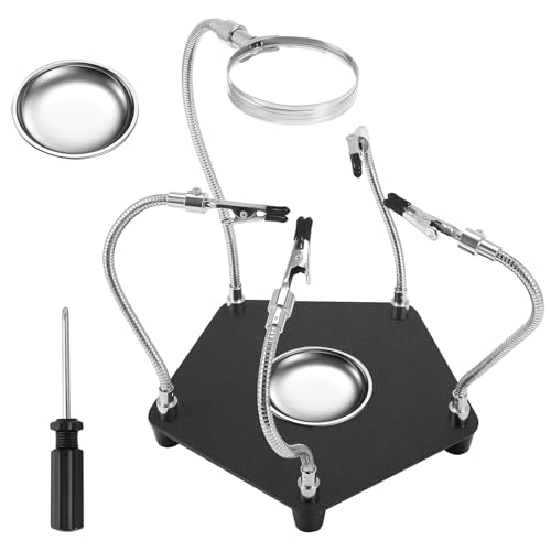 TUAKIMCE Magnetic Third Hand Soldering Tool, 4 Flexible 360° Rotating Alligator Clips with Magnifier, Heavy Duty Steel Base, Soldering Helping Hands for Electronics Repair, DIY Craft, Model Making