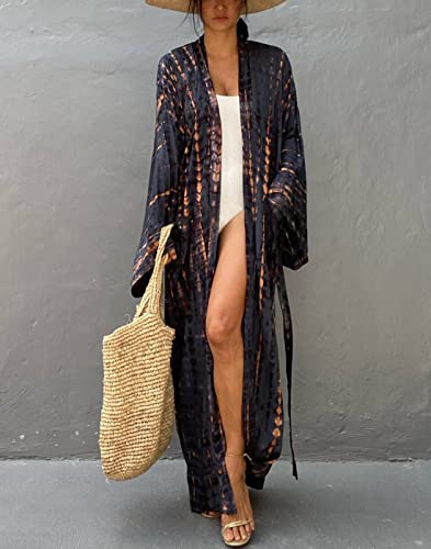 Women's Open Front Tie Dye Long Kimono Cover Ups with Belt Summer Loose Long Kimono Robe Swimsuits (One Size, Dark Grey)2