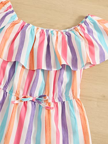 Soly Hux Girl's Striped Print Off The Shoulder Romper Ruffle Trim Short Sleeve Drawstring Waist Short Jumpsuit Blue White Multi 11-12Y #TOP2