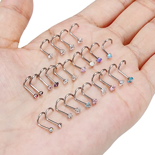 Dyknasz 24Pcs Hypoallergenic Nose Rings 20G Nose Studs Surgical Stainless Steel Nose Rings Studs Screw Nose Ring Cubic Zirconia Nose Ring Nostril Piercing Jewelry For Women Men #TOP2