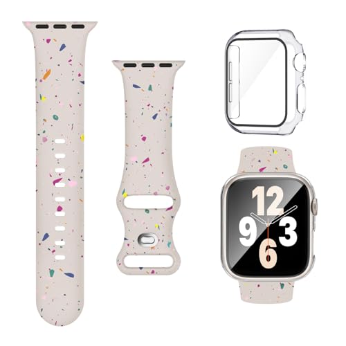 Joehwerr Bracelet 3 en 1 pour Apple Watch 45 mm avec étui et protection d'écran, bracelet de sport en silicone et coque de protection avec verre trempé 9H pour iWatch Séries 9, 8, 7