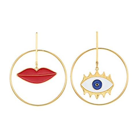 Doubnine Large Hoop Circle Bohemian Earrings Asymmetry Dangle Funny Gold Red Lips Eyes 70's Vintage Women Jewelry Cover