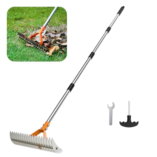 MILLIONHOME Rake for Leaves, 15Inch Leaf Rakes with Double-Sided Tines, Thatch Rake with Stainless Steel Handle for Lawn Garden Yards Leaves Cleaning