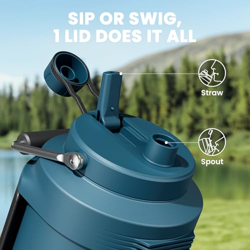 Image of 1 Gallon Insulated Water Bottle for Sports: Meoky 128 oz Triple Wall Vacuum Stainless Steel Water Jug - Top and Side Handles, Cold for 48 Hrs, 2-in-1 Straw and Spout Lid, Leak Proof for Hiking (Denim)