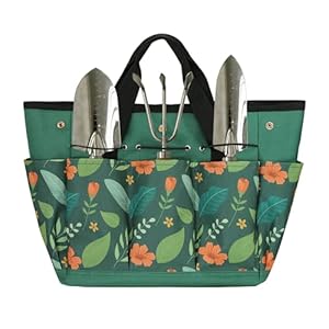 MYDAYS Canvas Garden Tool Tote Bag, Heavy-Duty Gardening Pouch, Vegetable Herb Garden Hand Tool Storage Tote, with 8 Pockets and Leather Handle, Floral Gardening Gift, Tools Not Included (Green)