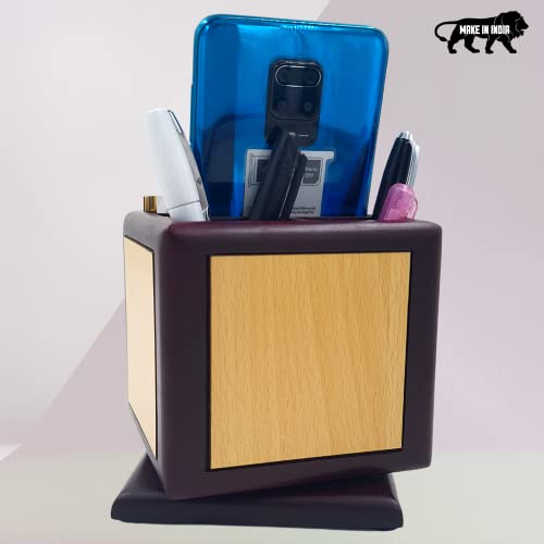 Image of Revolving Stylish Pen Stand for Office Table with Clock, Wooden Pen Holder with Mobile Holder, Wooden Desk Organizer, Office Pen Stand with Compartment, Office Table Accessories Office Gift Item