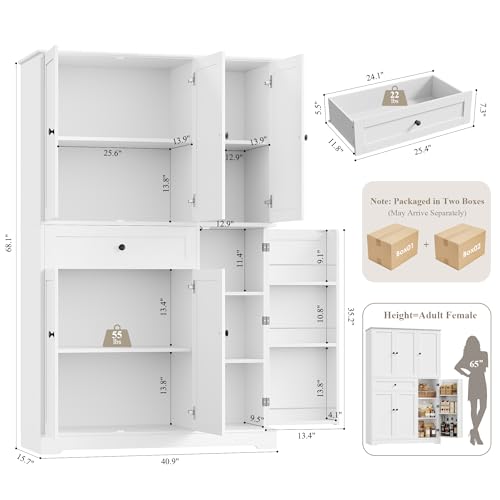 HOSTACK 68" Tall Kitchen Pantry Storage Cabinet, Modern Kitchen Hutch Cabinet with Doors and Shelves, Freestanding Food Pantry with Large Storage Drawer for Dining Room, Living Room, White