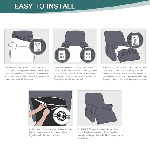 Image of Ruaozz Recliner Sofa Covers Oversized Recliner Chair Covers Recliner Covers for Reclining Chair with Pockets Washable Furniture Protector with Elastic Bottom (1 Seater-X Large, Ivory)