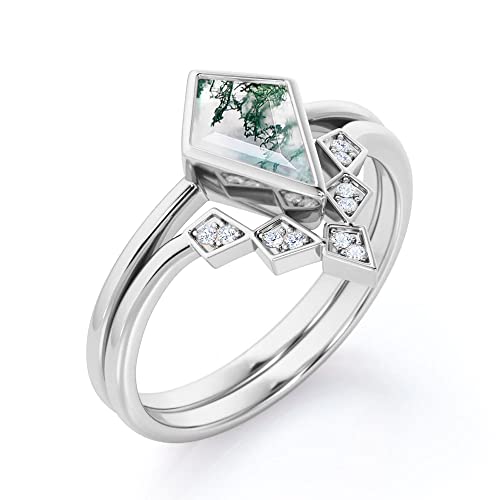 Moss Agate Engagement Ring For Women 1Ct Kite Shaped Natural Moss Agate And Moissanite Engagement Ring Set 10K 14K 18K Gold Wedding Ring Set Moss Agate Ring Bridal Sets Wedding Band Anniversary Ring Free Engraved #TOP1